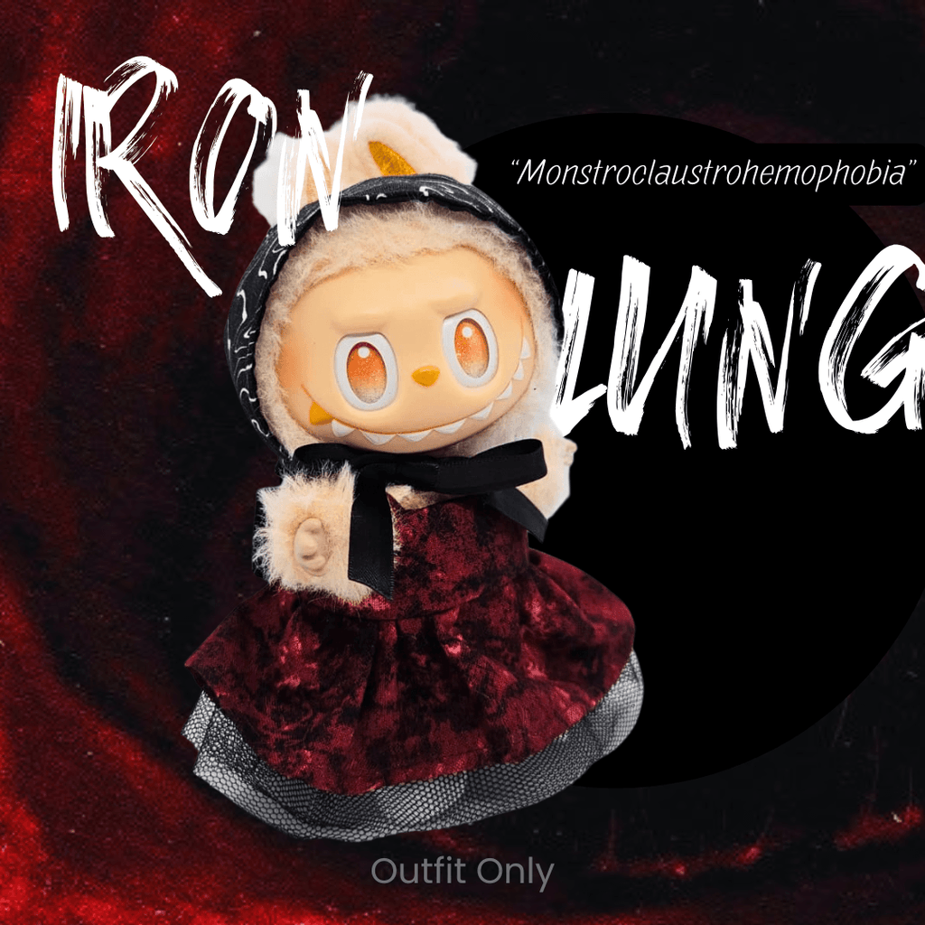 Monstroclaustrohemophobia Labubu outfit set – Iron Lung inspired deep red dress by Bubu Atelier