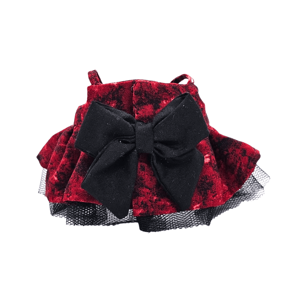 Monstroclaustrohemophobia Labubu outfit set – Iron Lung inspired deep red dress detail with black bow by Bubu Atelier