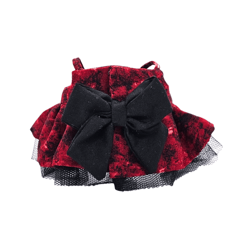 Monstroclaustrohemophobia Labubu outfit set – Iron Lung inspired deep red dress detail with black bow by Bubu Atelier