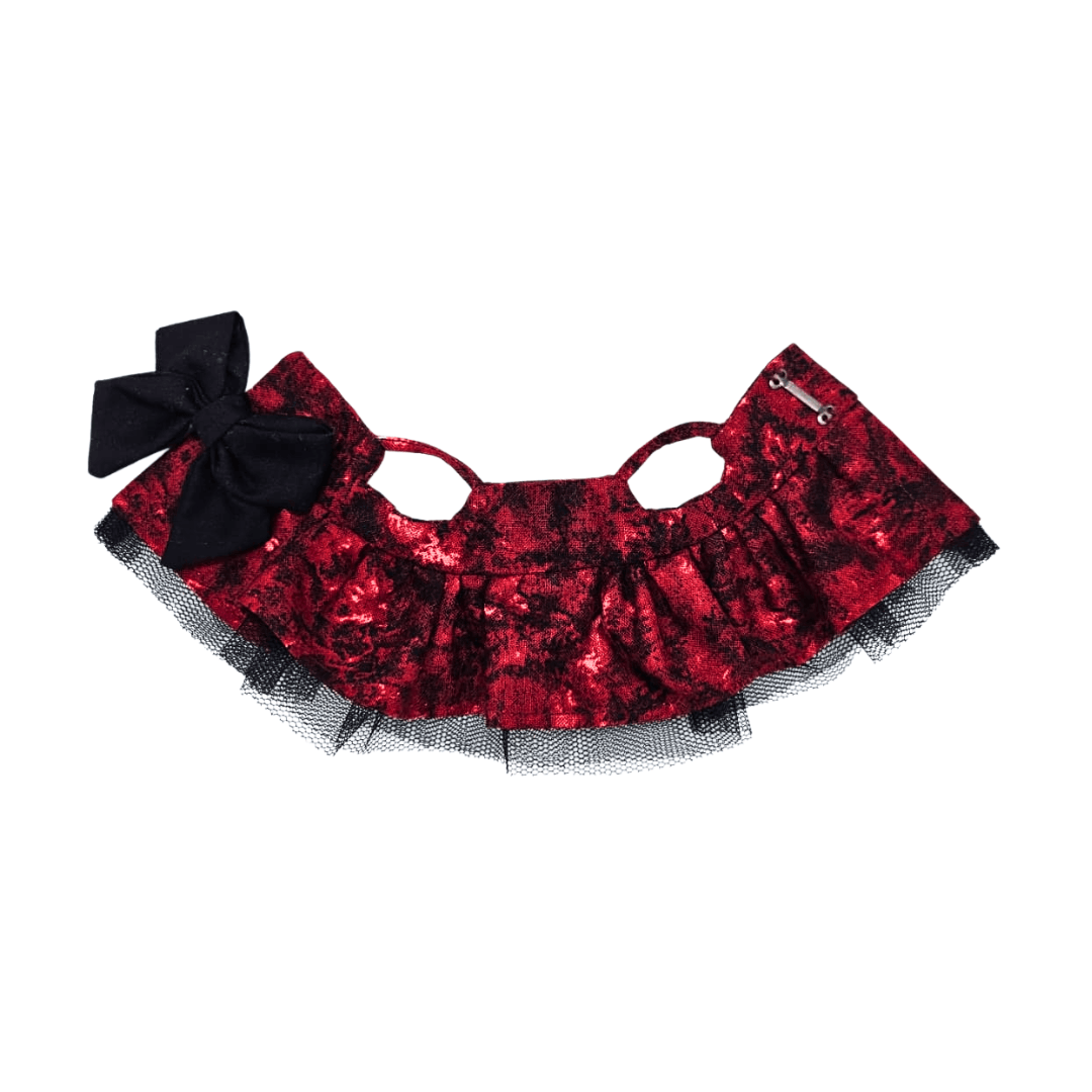 Monstroclaustrohemophobia Labubu outfit set – Iron Lung inspired deep red dress lay flay by Bubu Atelier