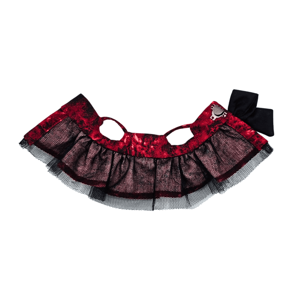 Monstroclaustrohemophobia Labubu outfit set – Iron Lung inspired deep red dress lay flay with black tulle fabric by Bubu Atelier
