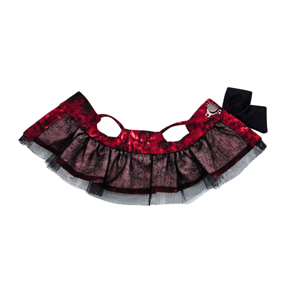 Monstroclaustrohemophobia Labubu outfit set – Iron Lung inspired deep red dress lay flay with black tulle fabric by Bubu Atelier
