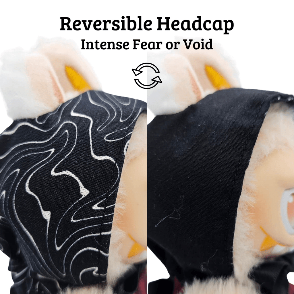 Reversible headcap detail – Monstroclaustrohemophobia Iron Lung Labubu outfit set by Bubu Atelier