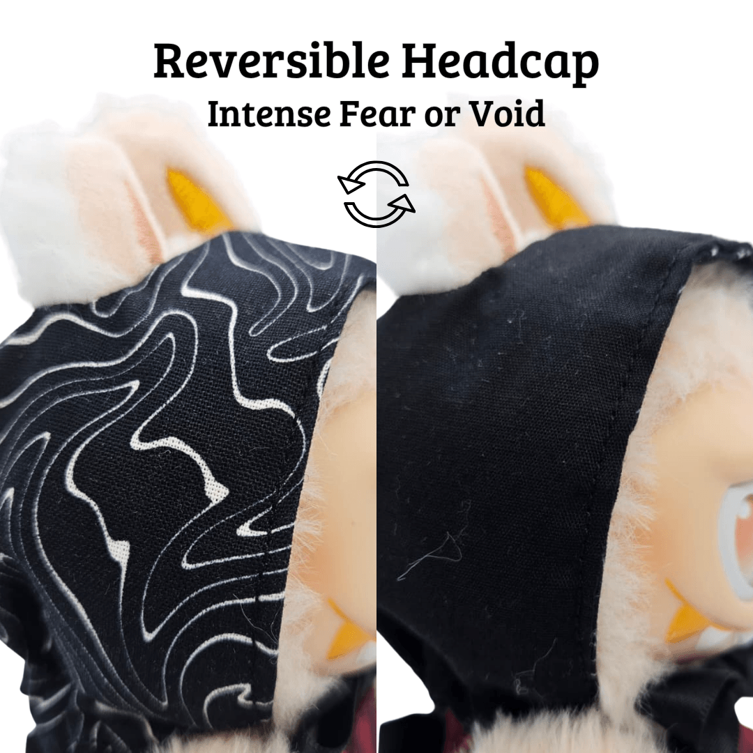 Reversible headcap detail – Monstroclaustrohemophobia Iron Lung Labubu outfit set by Bubu Atelier