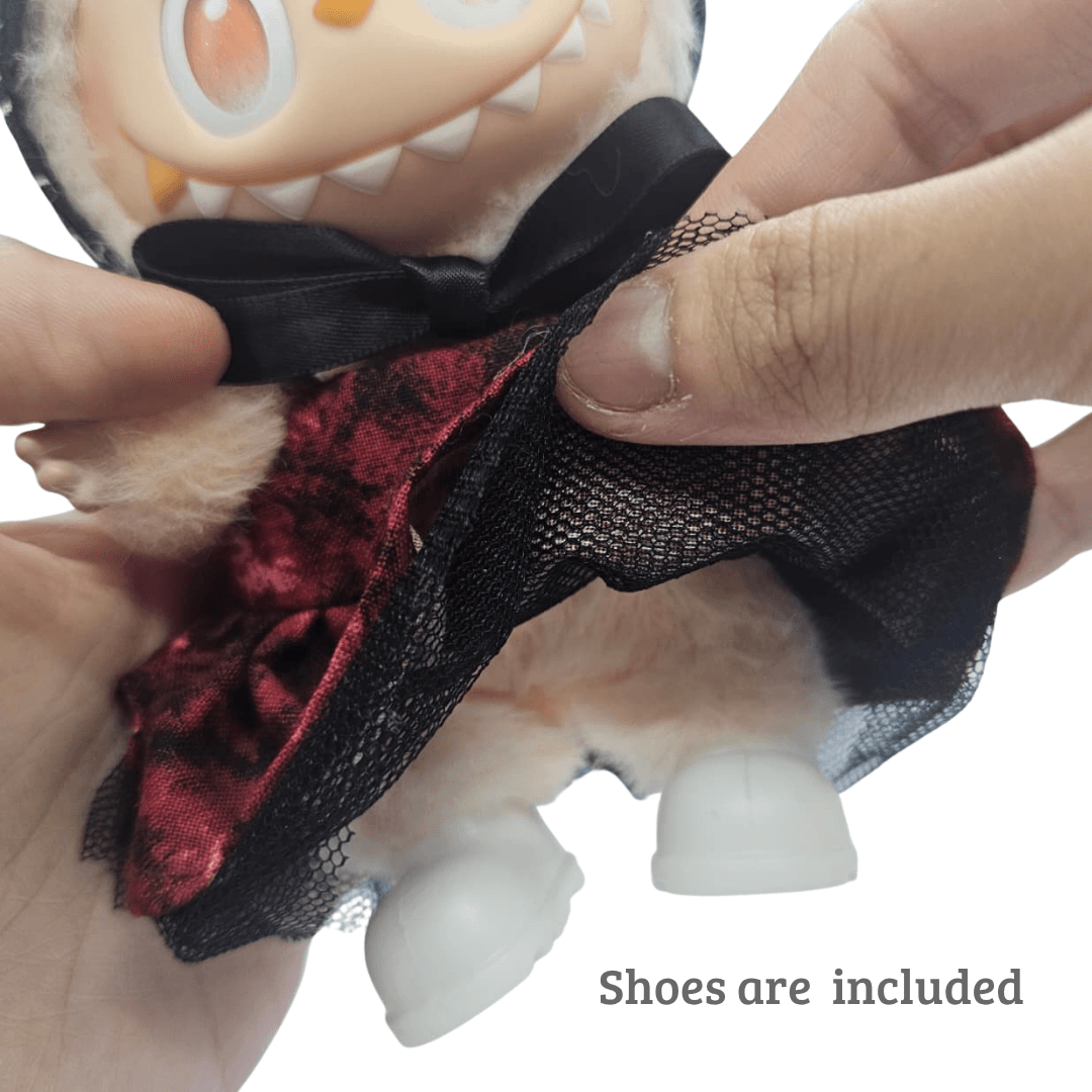 Labubu Iron Lung outfit – deep red dress with white shoes handmade by Bubu Atelier