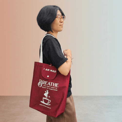 Emotional Burrito Foldable Tote Bag I Am Mad worn open — spacious tote bag with wide opening