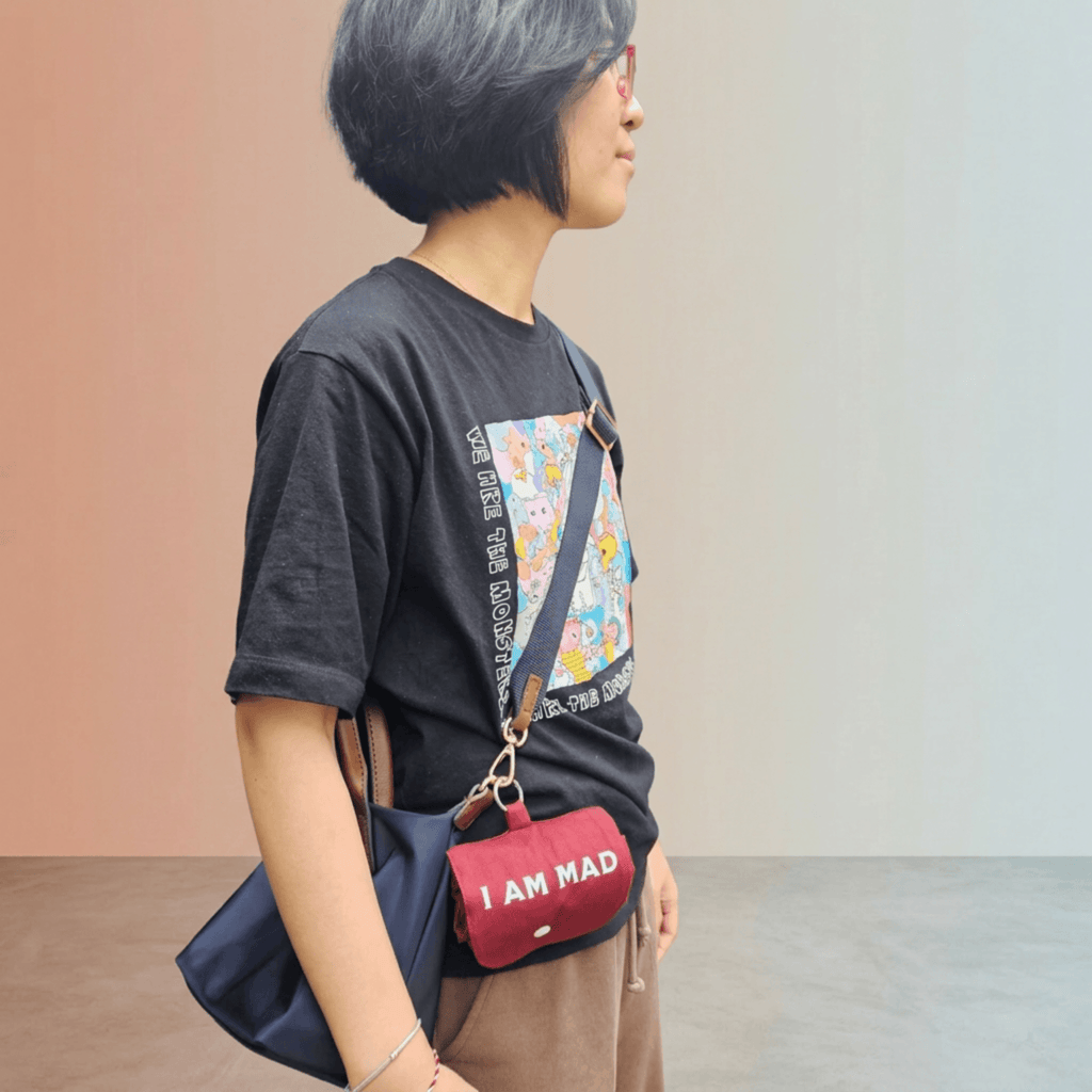 Emotional Burrito Foldable Tote Bag I Am Overwhelmed worn closed — compact foldable tote bag Australia