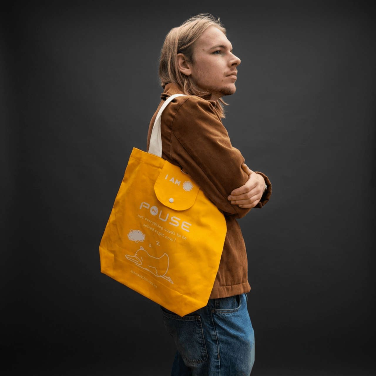 Emotional Burrito Foldable Tote Bag I Am Overwhelmed worn open — spacious tote bag with wide opening