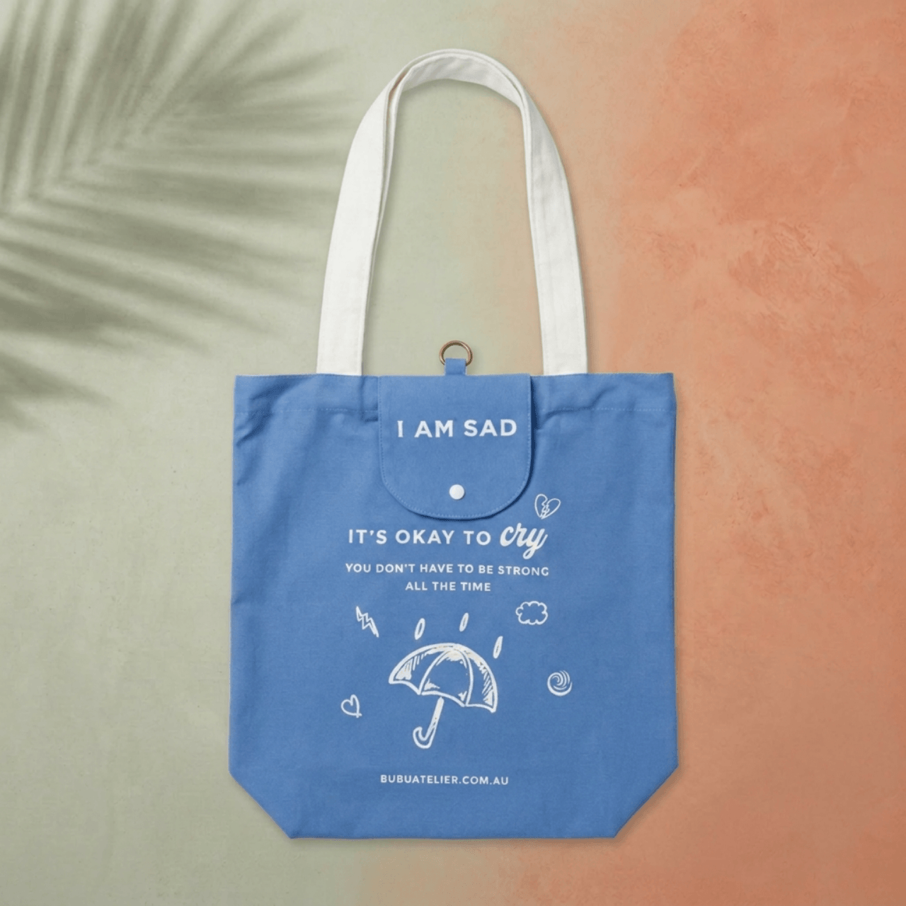 Emotional Burrito Foldable Tote Bag I Am Sad flat lay — foldable canvas tote bag by Bubu Atelier