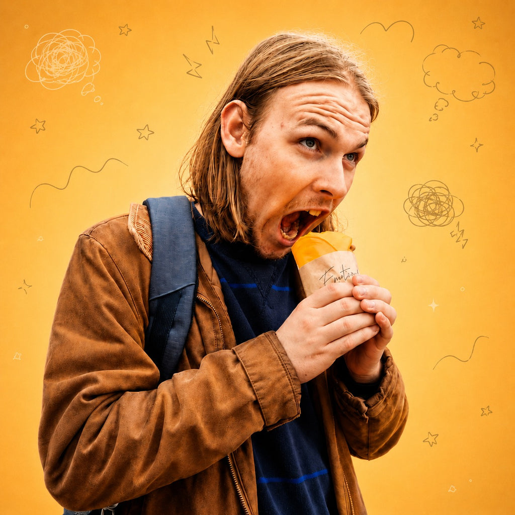 A young man with long light brown hair is shown in a close-up, wearing a brown jacket and a blue backpack strap, eating a cup of coffee with a straw. The background is a solid yellow color with hand-drawn doodles of clouds, stars, and scribbles.